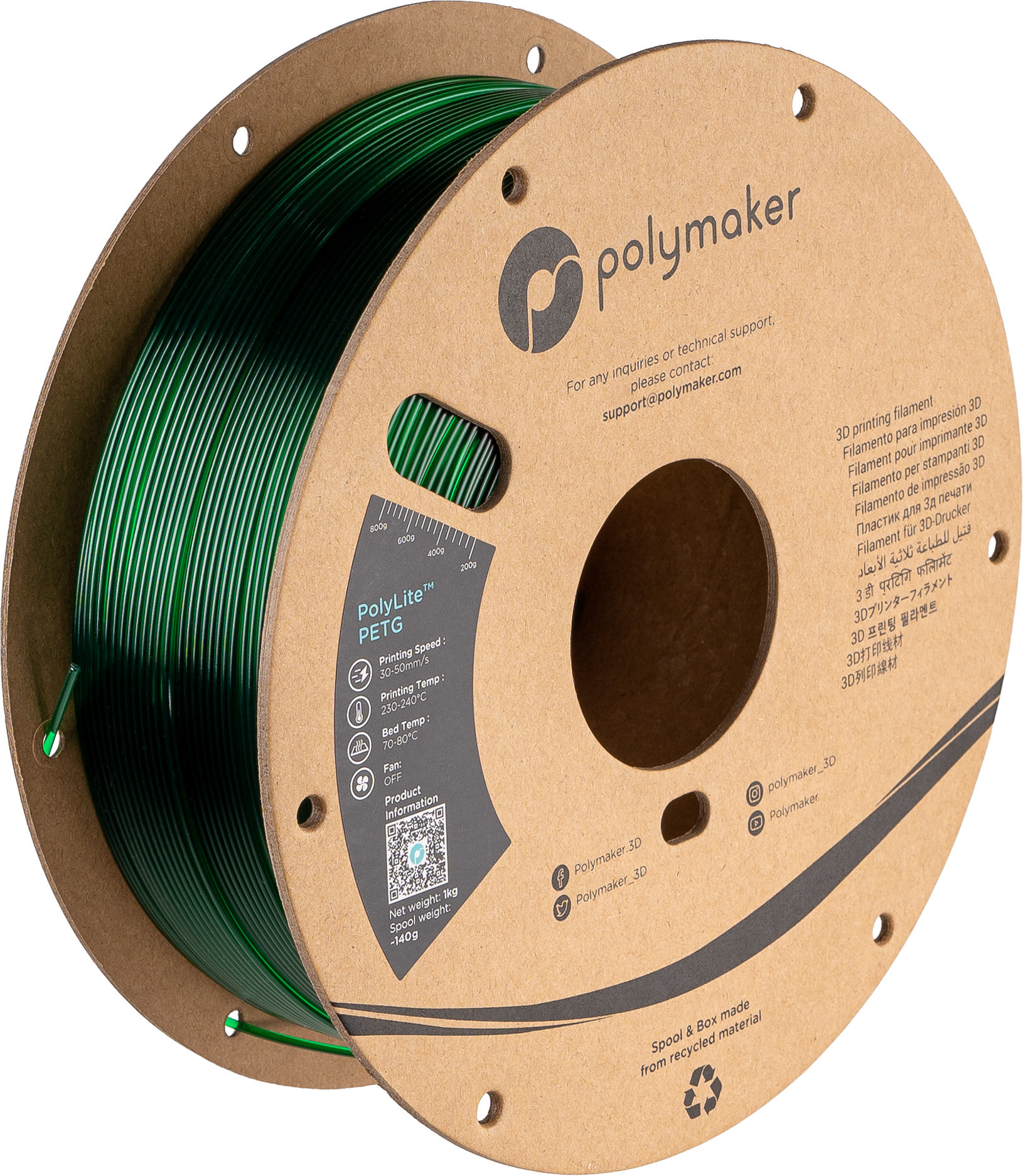Polymaker - PolyLite Translucent Green Transparent PETG 1.75mm - 1kg