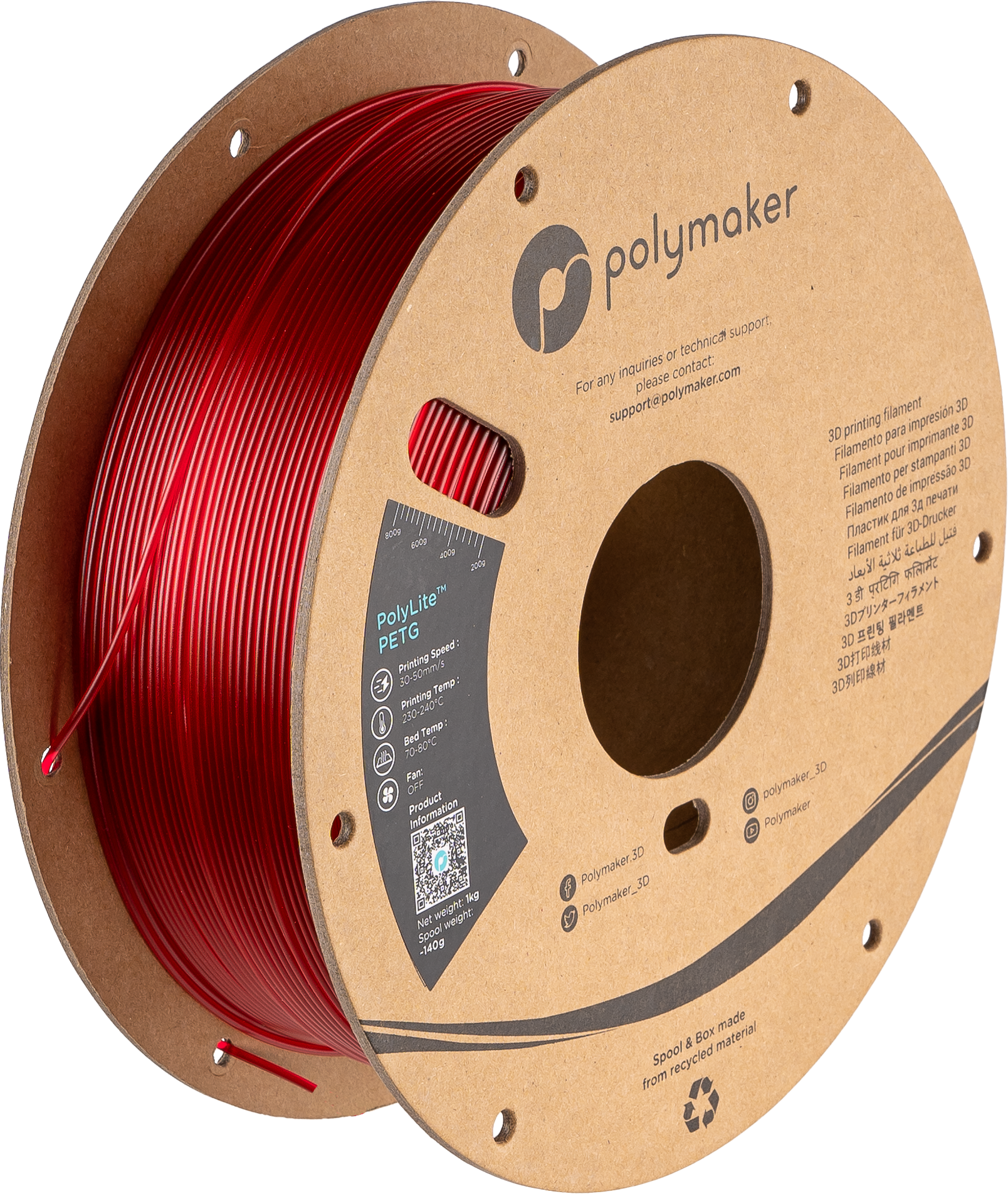 Polymaker - PolyLite Translucent Red Transparent PETG - 1kg