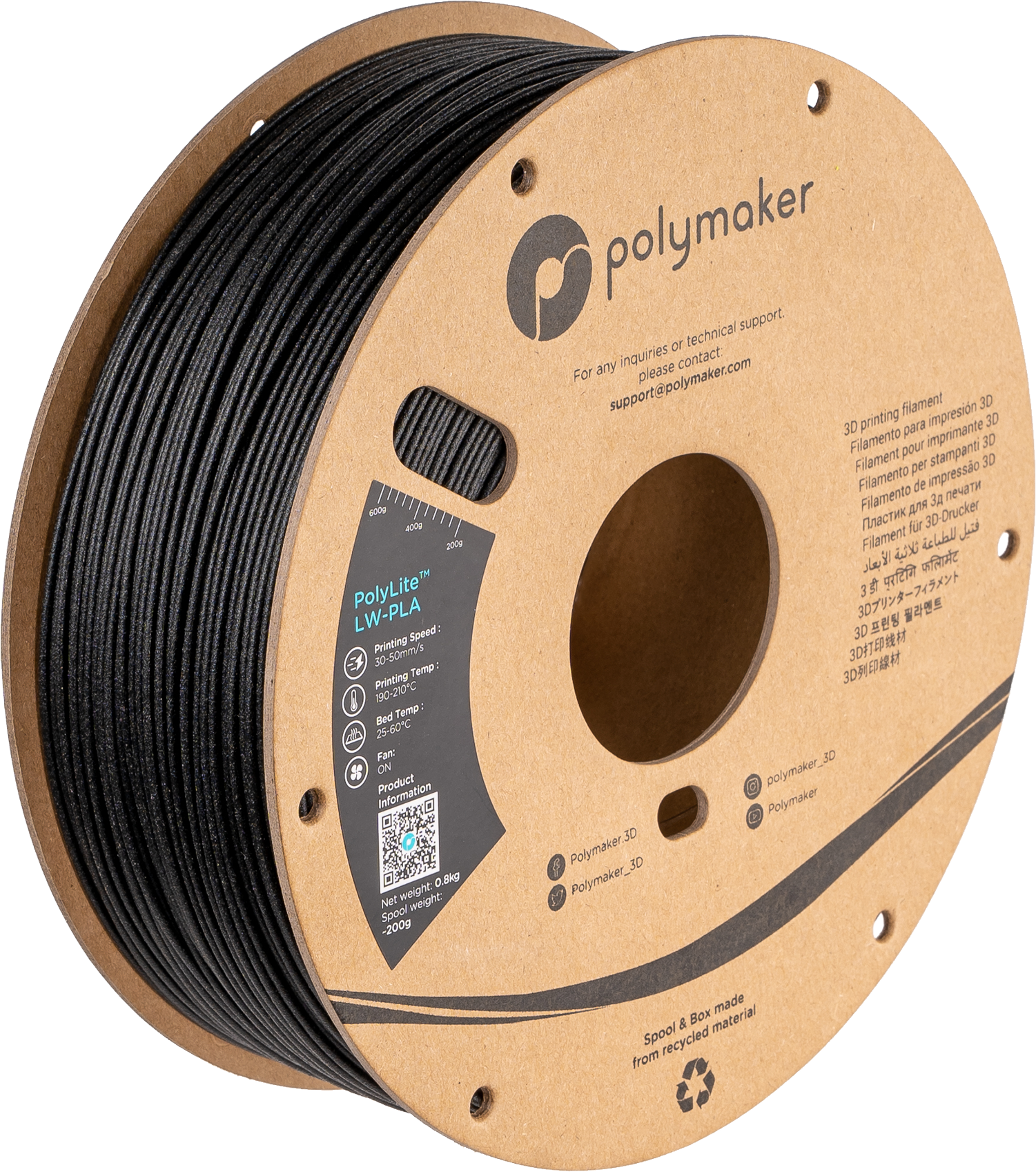 Polymaker - PolyLite LW Black PLA - 0.8kg