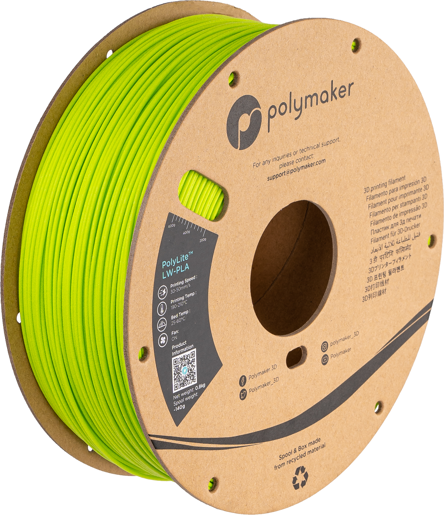 Polymaker - PolyLite LW Bright Green PLA - 0.8kg