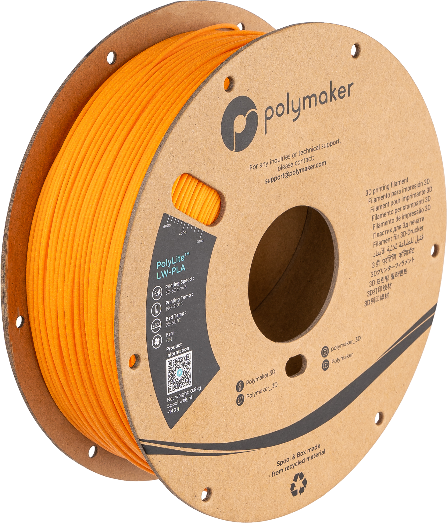 Polymaker - PolyLite Bright Orange Lightweight PLA 1.75mm - 0.8kg