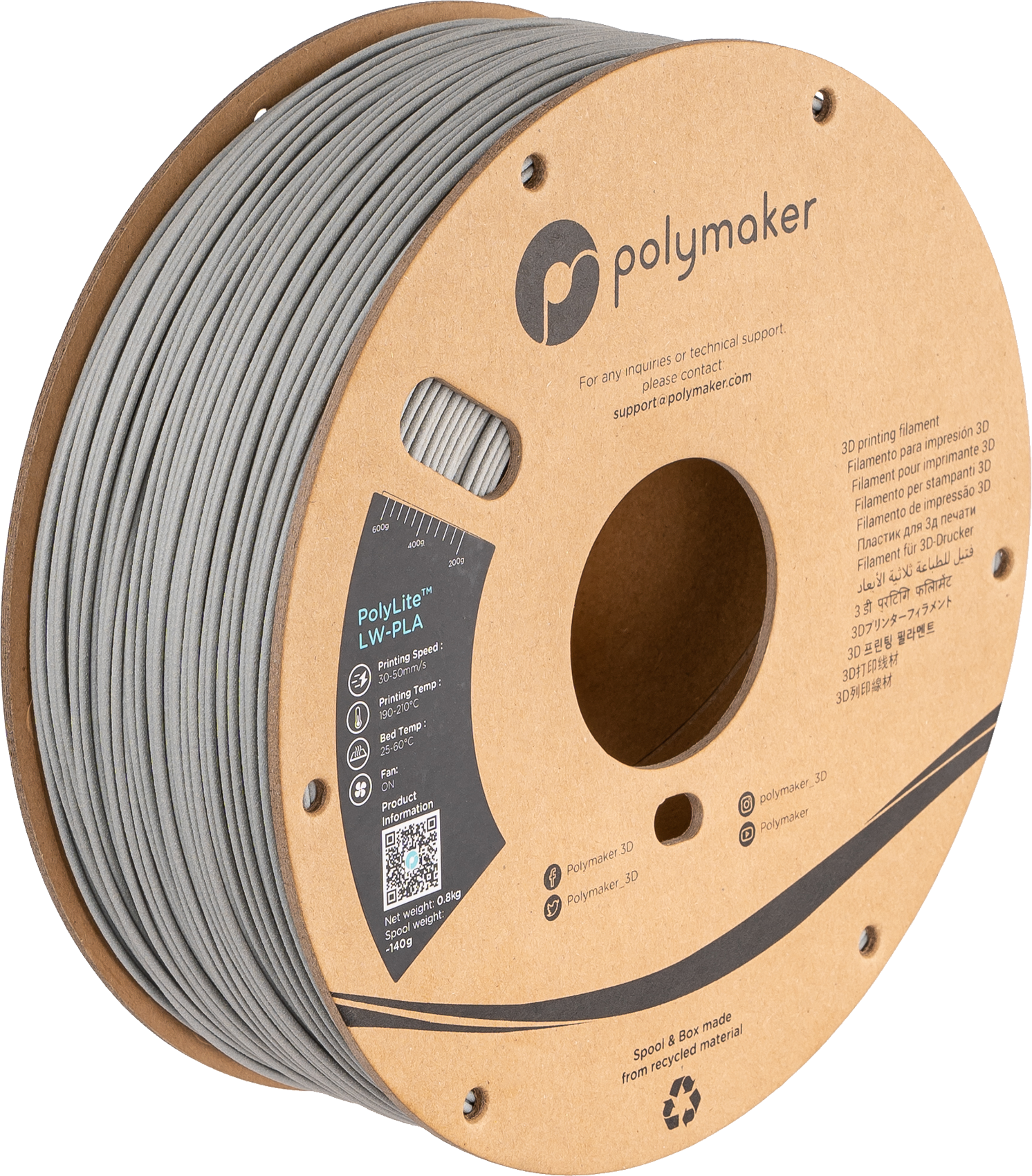 Polymaker - PolyLite Grey Lightweight PLA 1.75mm - 0.8kg