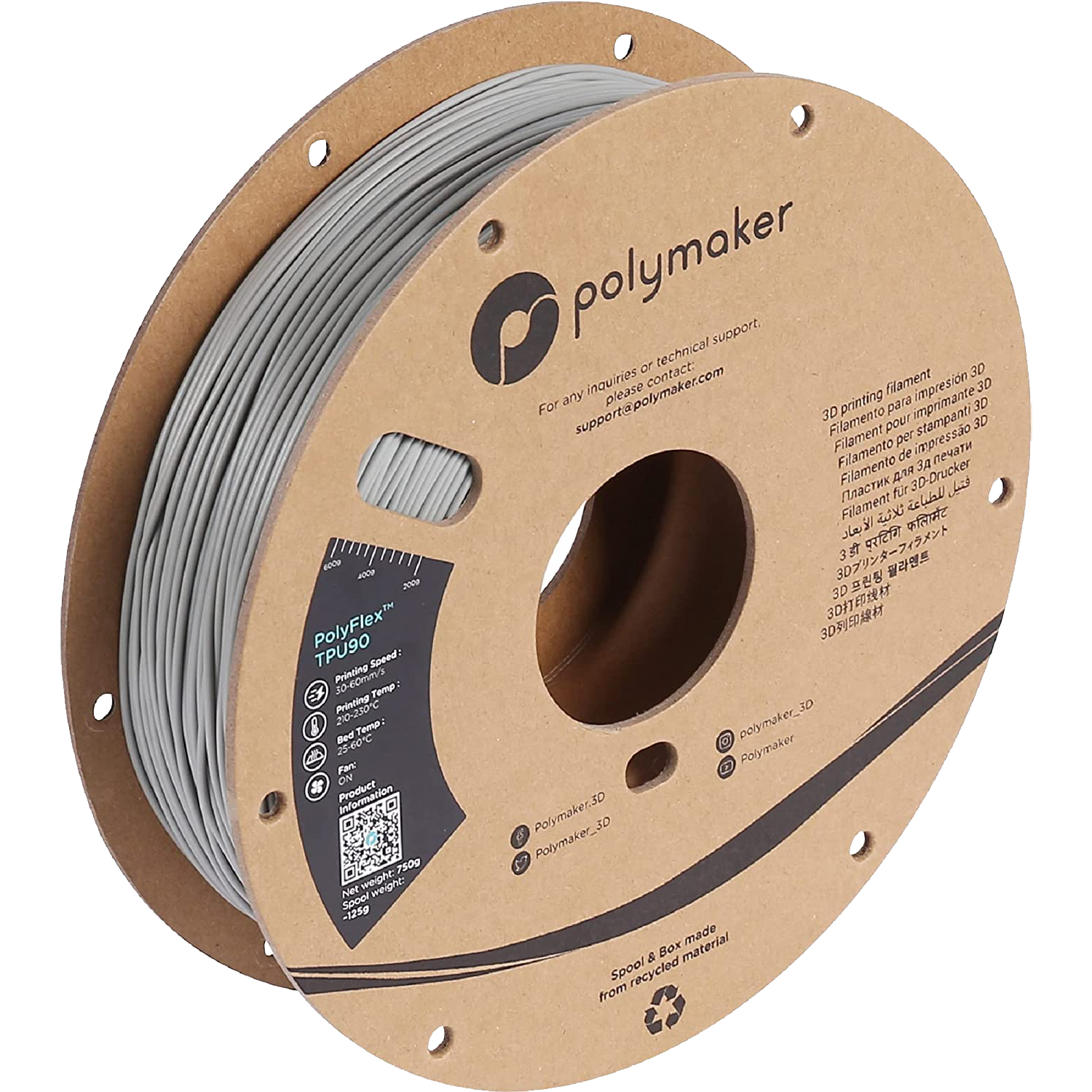 Polymaker - PolyFlex Grey 90A TPU 1.75mm - 0.75kg